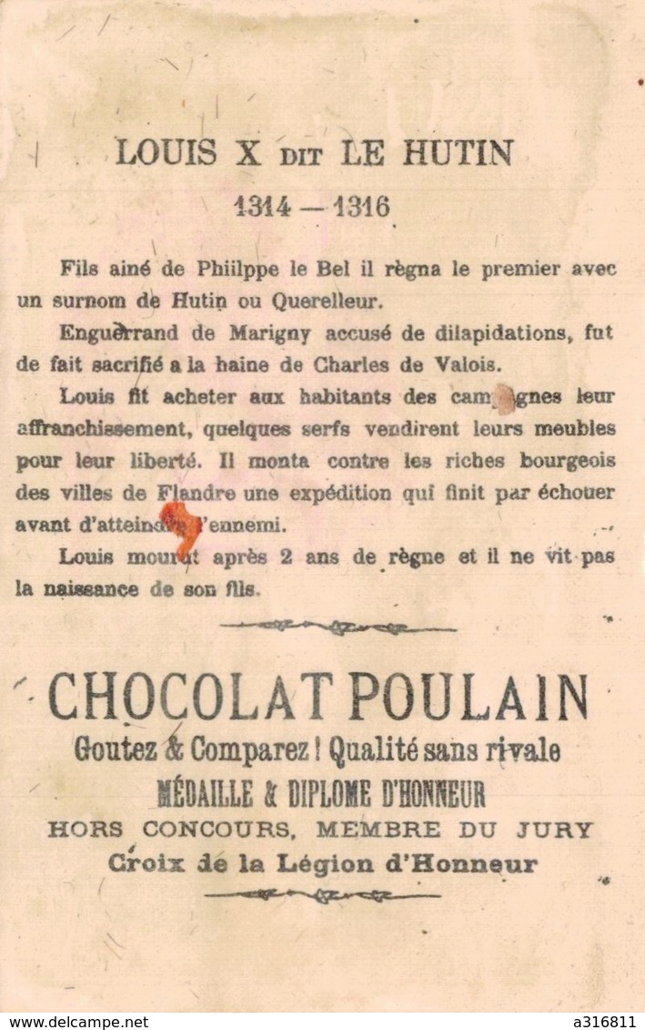 CHROMO - CHOCOLAT POULAIN GOÛTEZ ET COMPAREZ ! QUALITE SANS RIVALE - LOUIS X DIT LE HUTIN - 1314-1316 - N° 50 - Poulain
