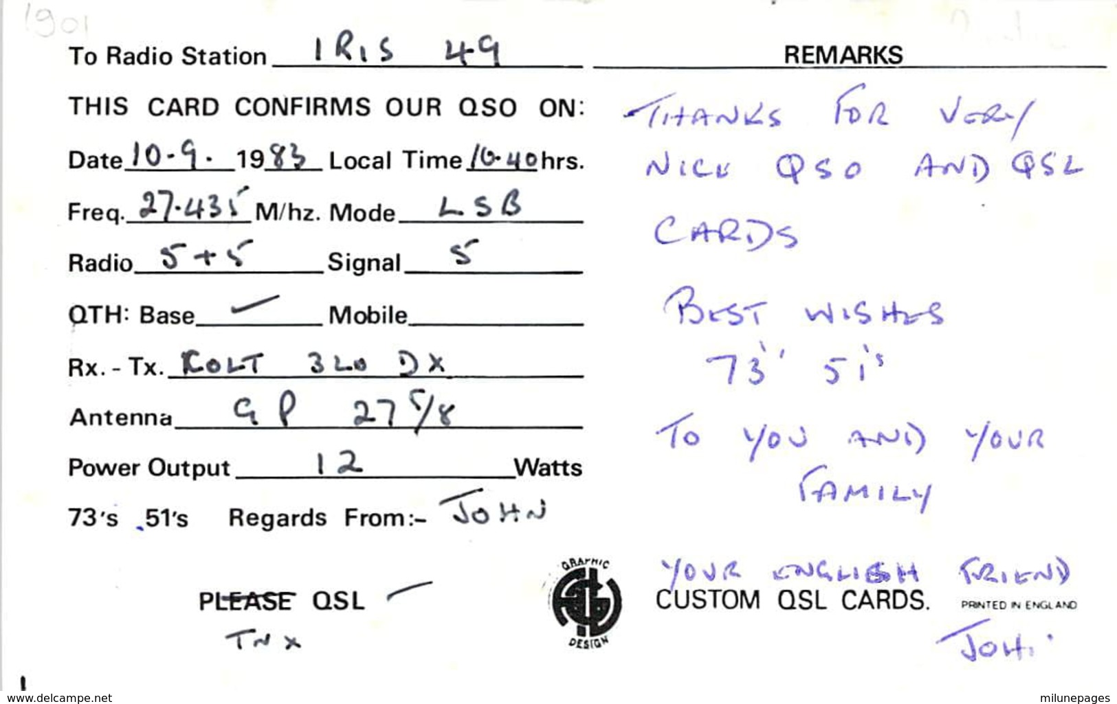 Citizen Band Carte QSL DURHAM England B.S.F. DX Group International 1983 - CB