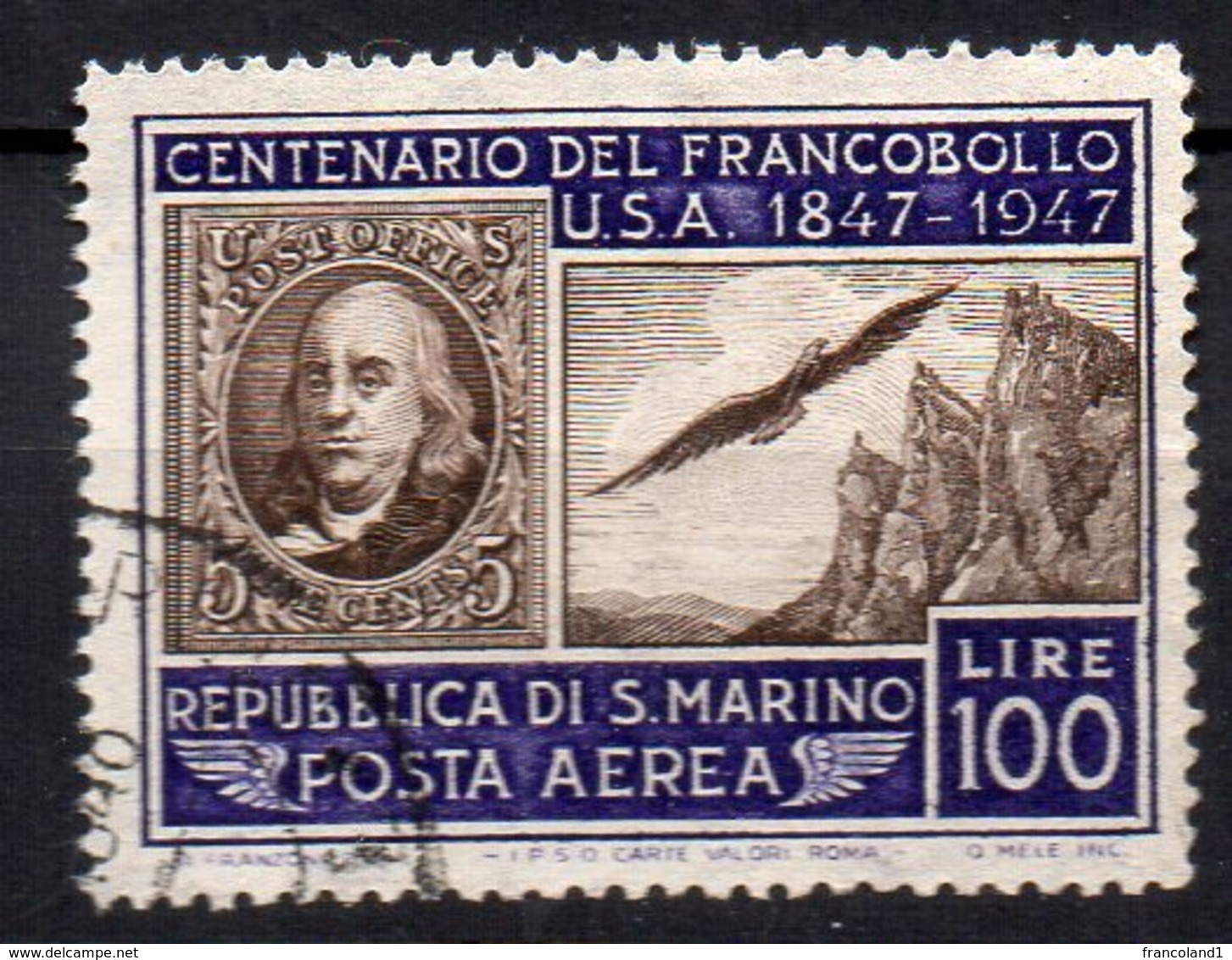 1947 San Marino Fran. Stati Uniti 100 Lire A 75 Timbrato Used - Luchtpost