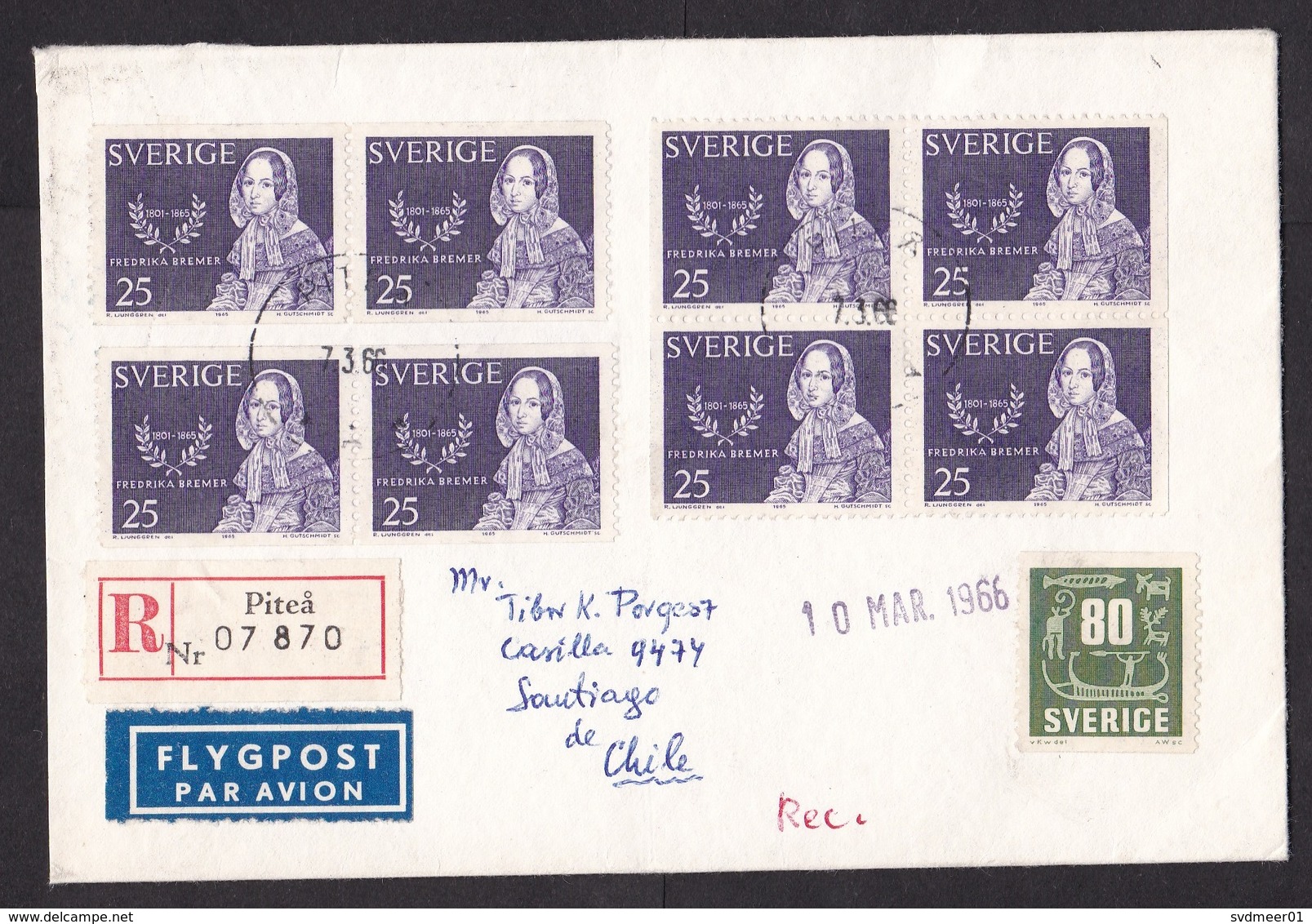 Sweden: Registered Airmail Cover To Chile, 1966, 9 Stamps, Fredrika Bremer Feminist Author, R-label Pitea (minor Damage) - Lettres & Documents