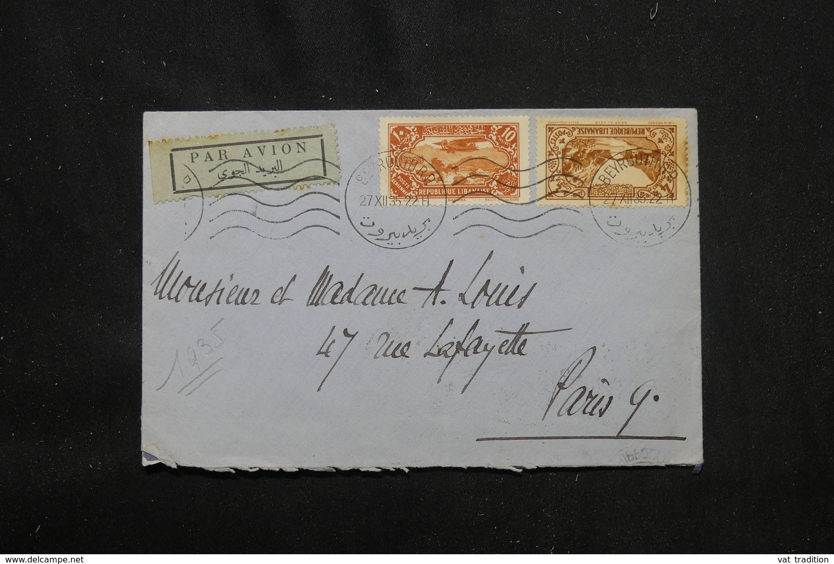 LIBAN - Enveloppe De Beyrouth Pour Paris Par Avion En 1935, Affranchissement Plaisant  - L 59417 - Briefe U. Dokumente
