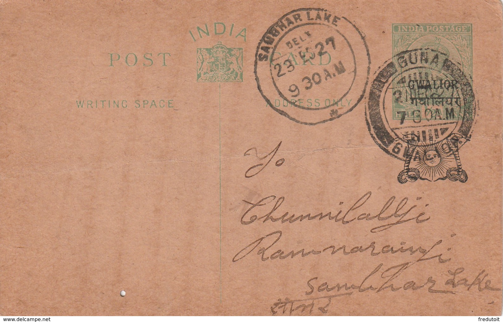 POST CARD / ENTIER POSTAL - GWALIOR - Guna Le 21/12/1927 - Gwalior