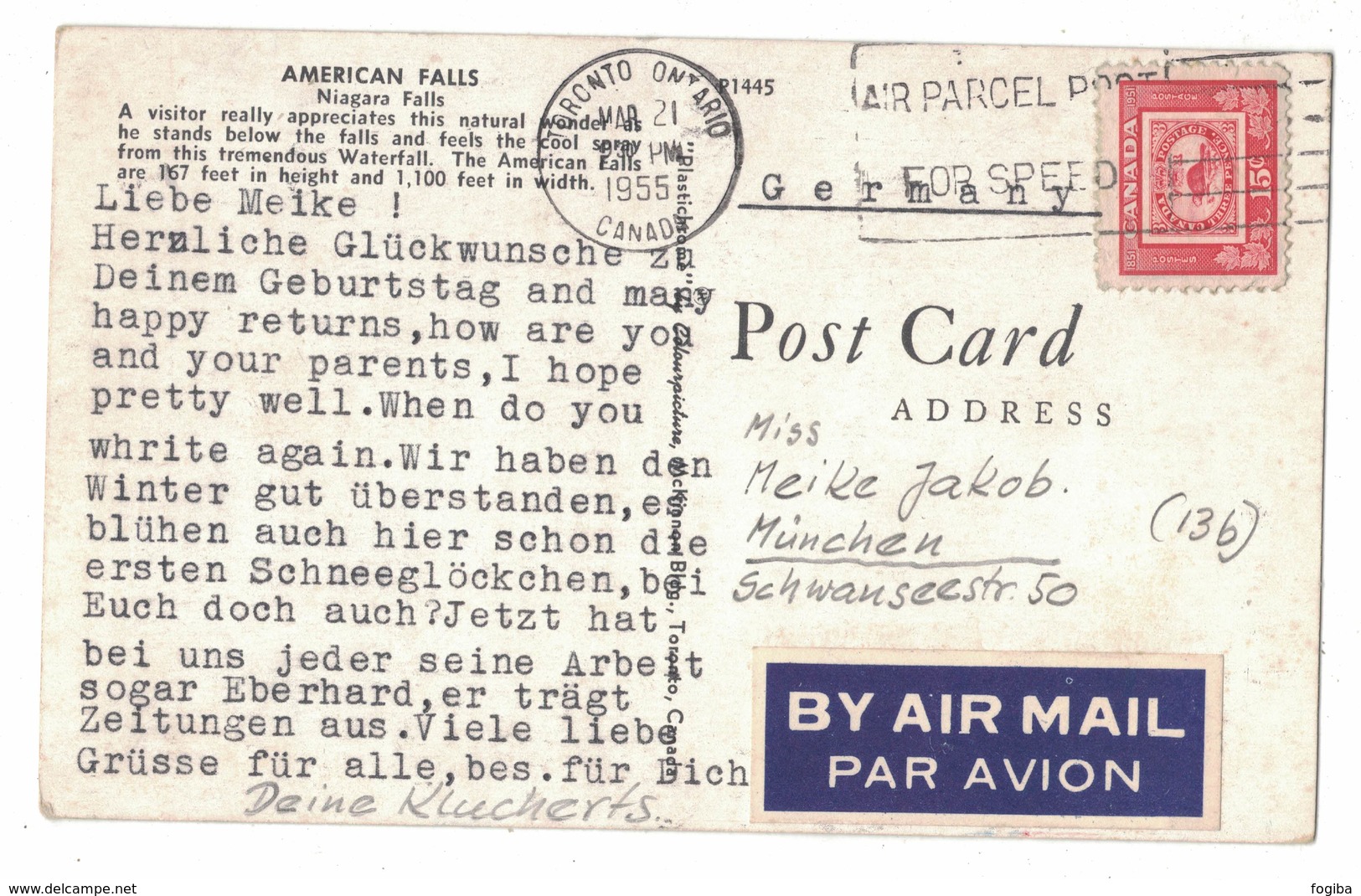 KF43     Post Card By Air Mail To Germany 15c Obl. Mec. 21.03.1955 Toronto, Ontario - Briefe U. Dokumente