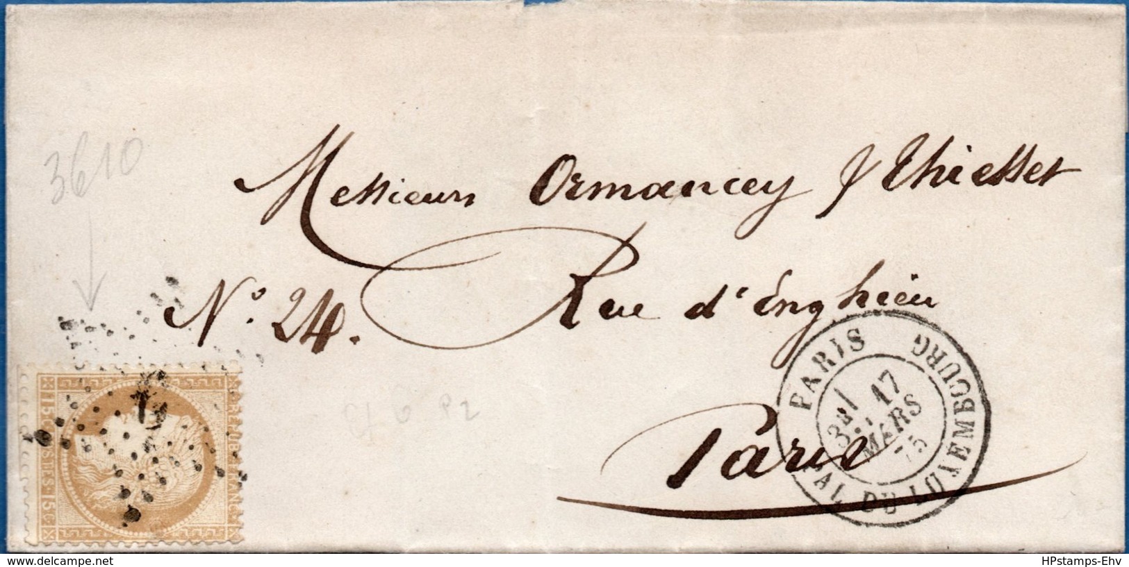 France 1875 Ceres 15 C (gross Chiffre) étoile 6, Pal(ais) Du Luxembourg (Senat) Sur Couverture Pour Paris 2004.2310 - 1871-1875 Cérès