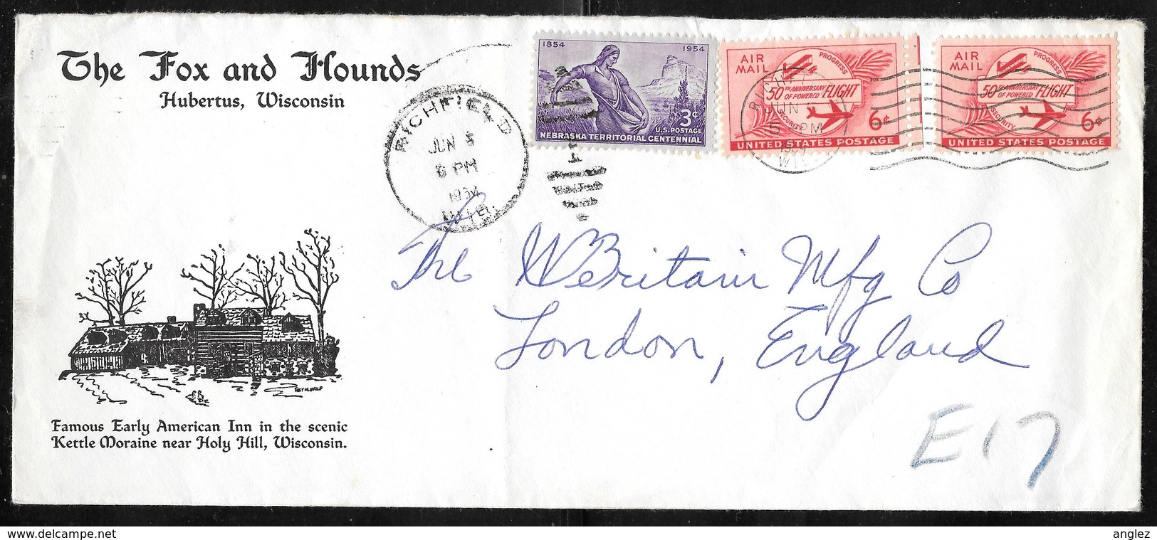 USA - Illustrated Cover - The Fox & Hounds Hubertus Wisconsin - Used Richfield To UK 1954 - Cartes Souvenir