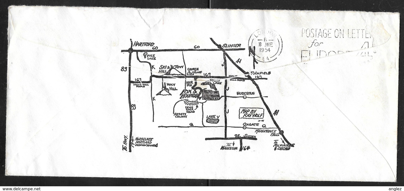 USA - Illustrated Cover - The Fox & Hounds Hubertus Wisconsin - Used Richfield To UK 1954 - Souvenirs & Special Cards