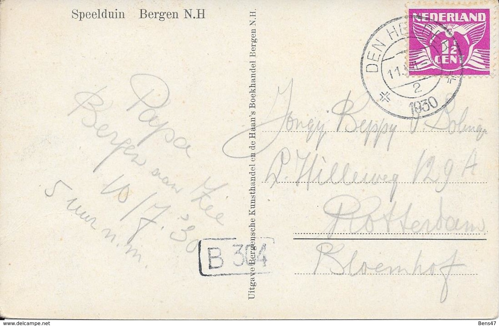 Bergen NH Speelduin Gelopen 11-7-1930 Bestellersstempel - Otros & Sin Clasificación