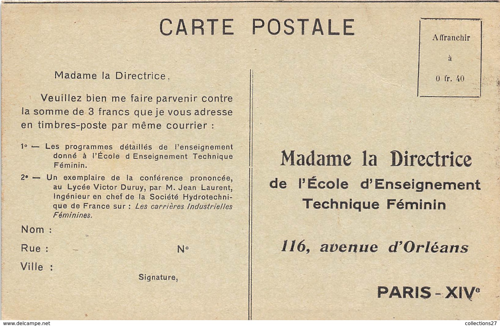 PARIS-75014- 116 AVEUNE D'ORLEANS- ECOLE D'ENSEIGNEMENT TECNIQUE FEMININ- LABORATOIRE D'ELECTRICITE E DE PHYSIQUE INDUST - Arrondissement: 14
