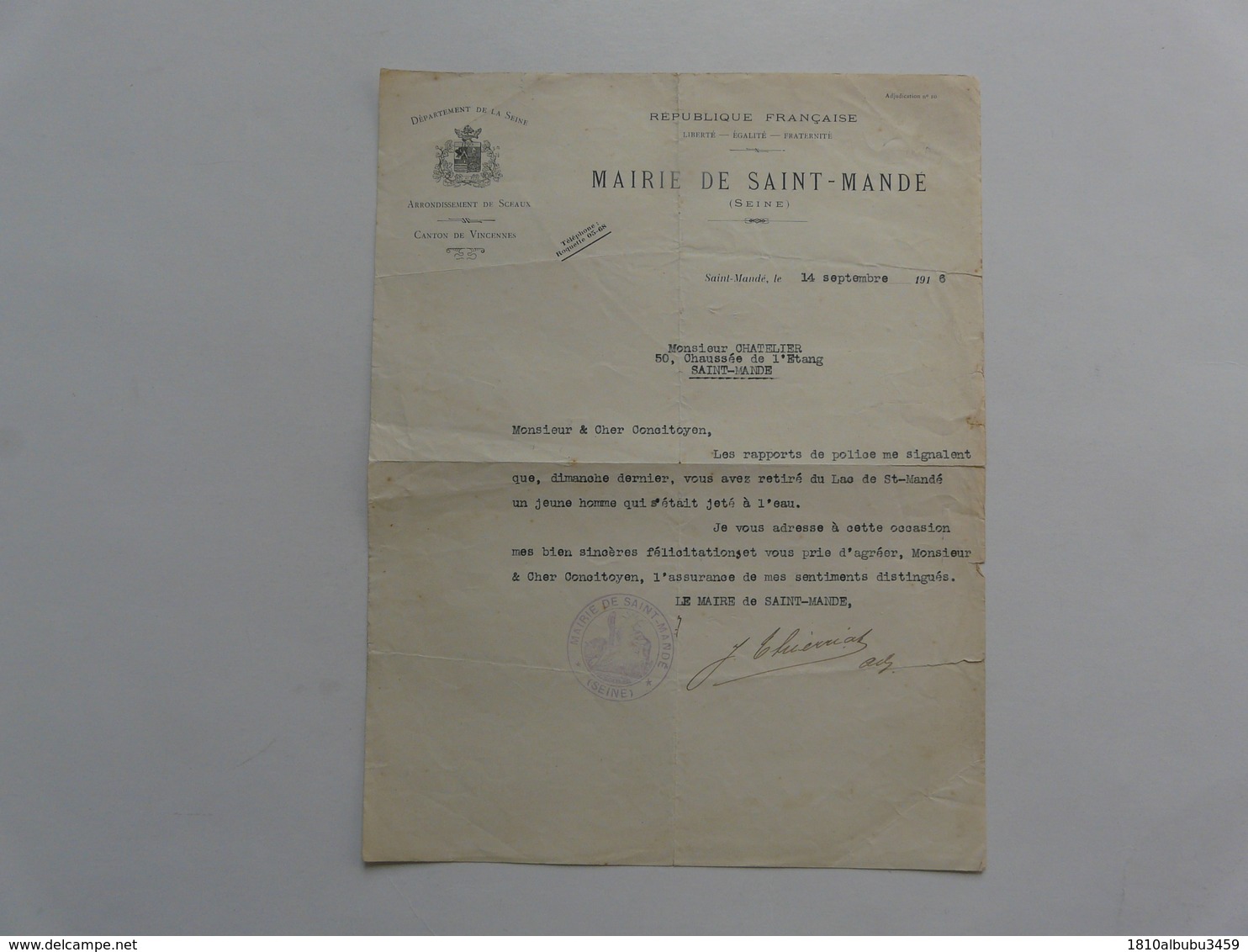 VIEUX PAPIERS - LETTRE DE FELICITATIONS DU MAIRE DE SAINT MANDE - 1916 : Un Jeune Homme Se Jette à L'eau - Sin Clasificación