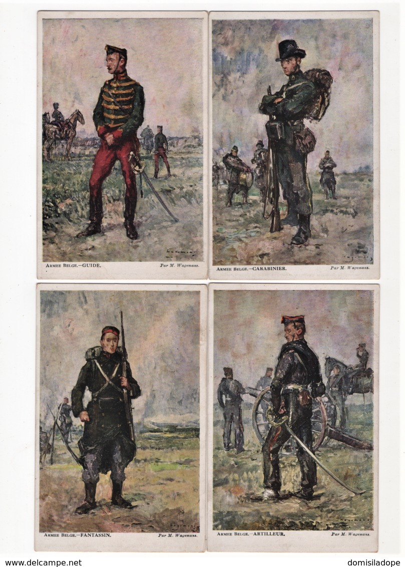 Lot 4 Postkaarten : Armée Belge - Fantassin - Atilleur - Carabinier - Guide .par M. Wagemans - Uniformi