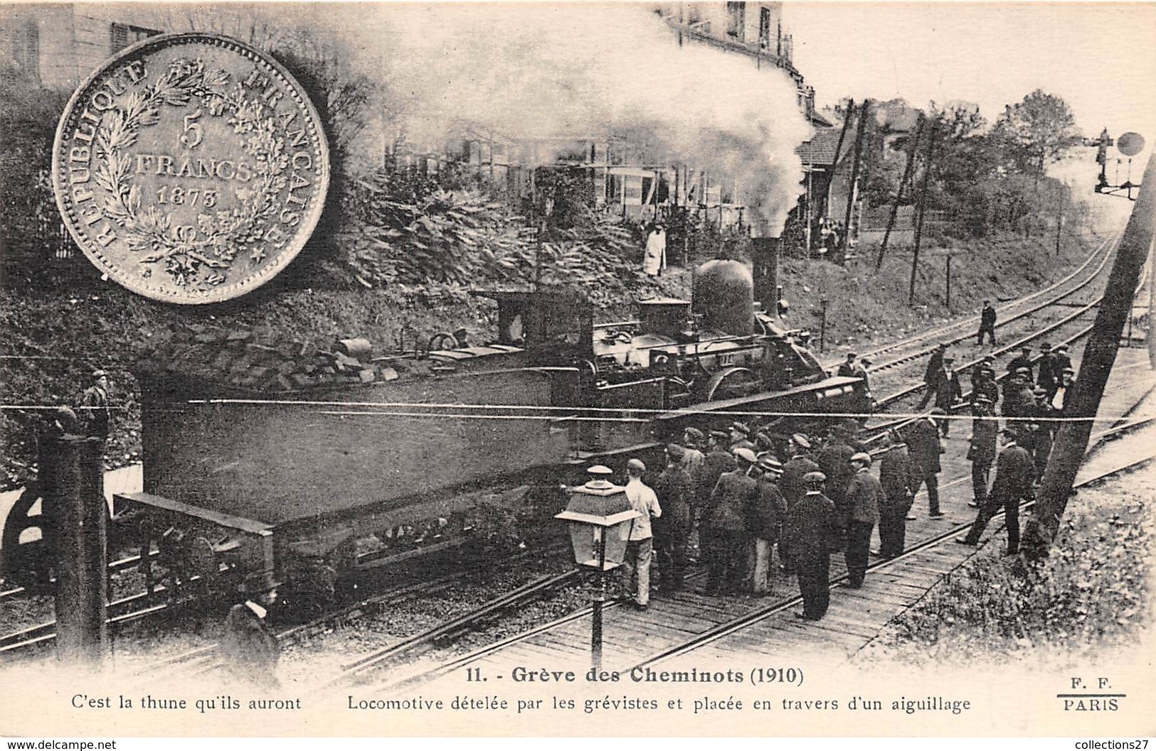 GREVE DES CHEMINOTS DU NORD 1910, LOCOMOTIVE DETELEE PAR LES GREVISTES ET PLACEE EN TRAVERS D'UN AIGUILLAGE - Métro Parisien, Gares