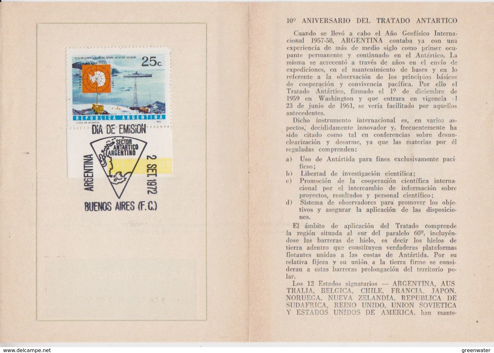 Argentina 1972 10th Ann. Antarctic Treaty 1v On  Leaflet With First Day Ca (47346) - Trattato Antartico