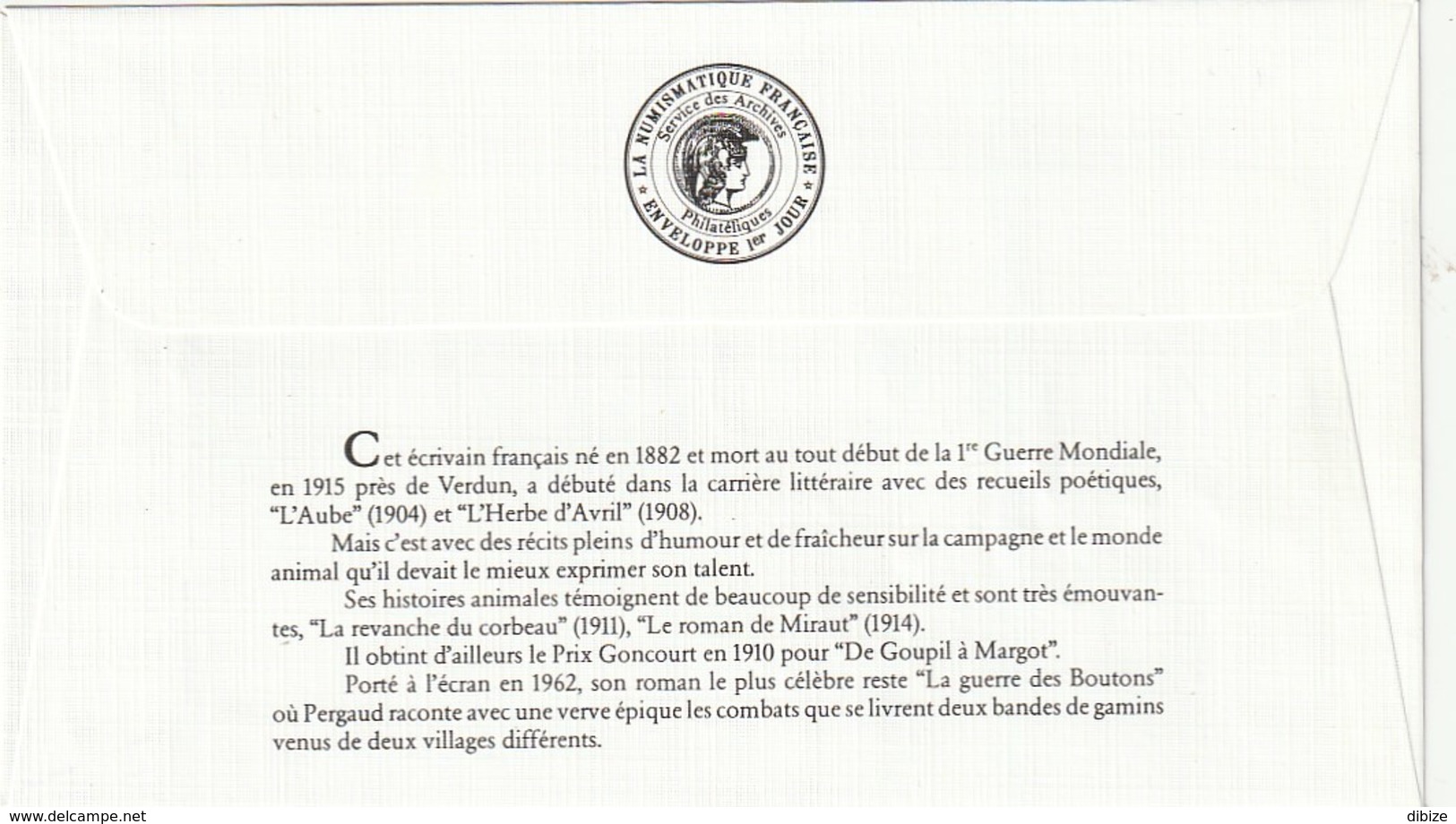 France. Enveloppe  1er Jour. 1982. Louis Pergaud. La Numismatique Française. - Ecrivains