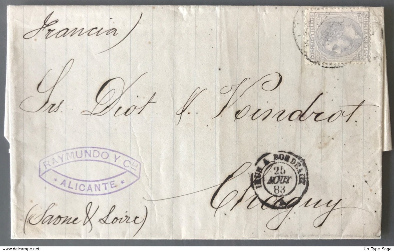 Espagne, Lettre D'Alicante 1883 Pour Chagny - (C1246) - Briefe U. Dokumente