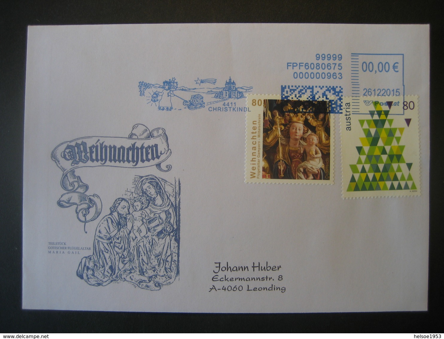 Österreich- Christkindl 26.12.2015 Automatenwerbestempel Schmuckkuvert - Lettres & Documents