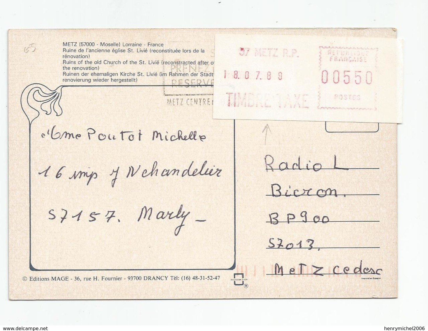 Cpm Metz Rp Ema Rouge Timbre Taxe 1989 - 57 Moselle - EMA (Empreintes Machines à Affranchir)