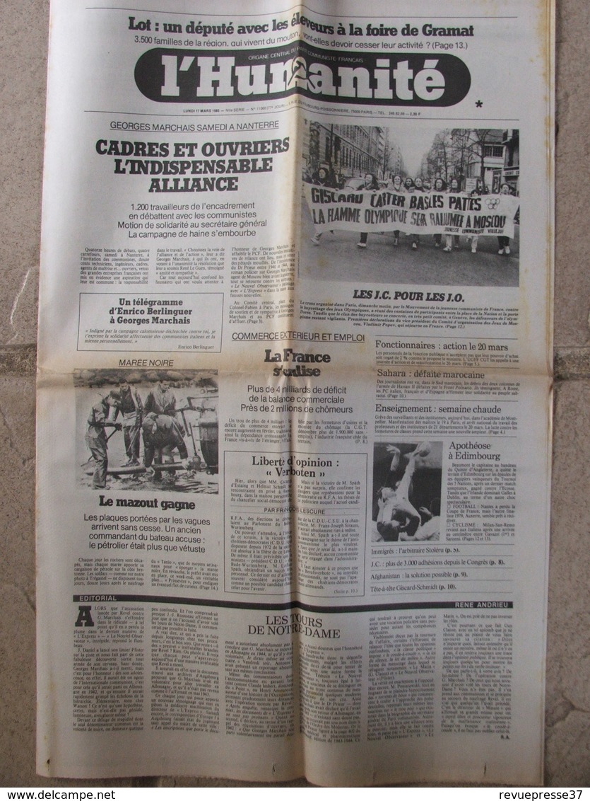 Journal L'Humanité (17 Mars 1980) Eleveurs Foire De Gramat - Marée Noire - Aménagement Temps Travail - Desde 1950