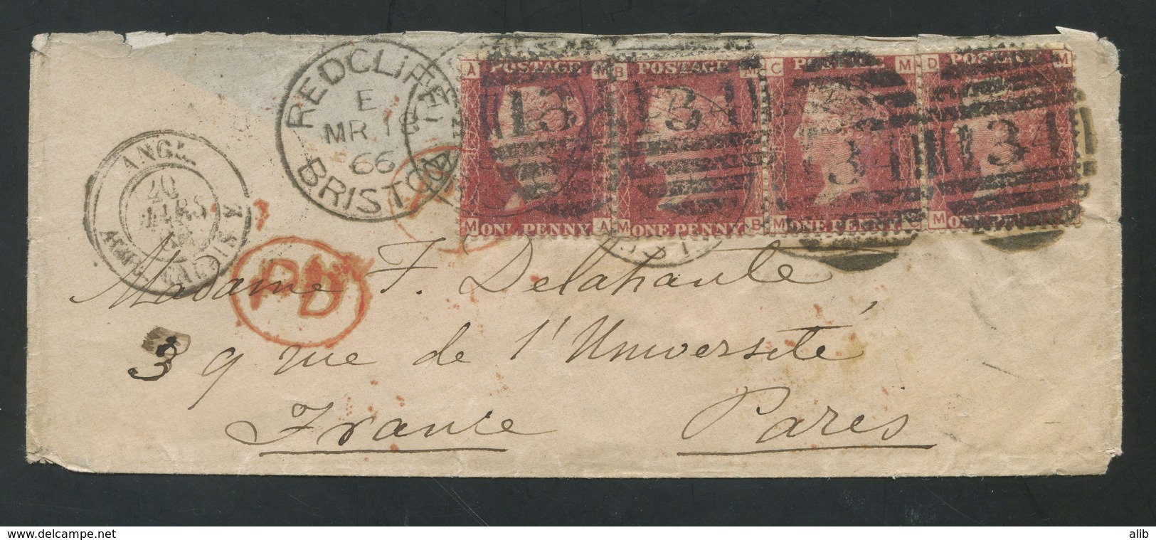 Great Britain SG43-44 Plate 87 Envelope From Radcliffe To Paris France. Strip Of 3 + 1 - Briefe U. Dokumente