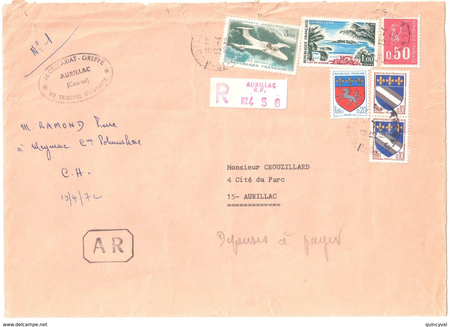 AURILLAC 15 Cantal Lettre Recommandée AR 2° Ech Ob 13 4 1972 Etiquette Reco SATAS Yv 1664 1510 1353 1646 PA39 - Storia Postale