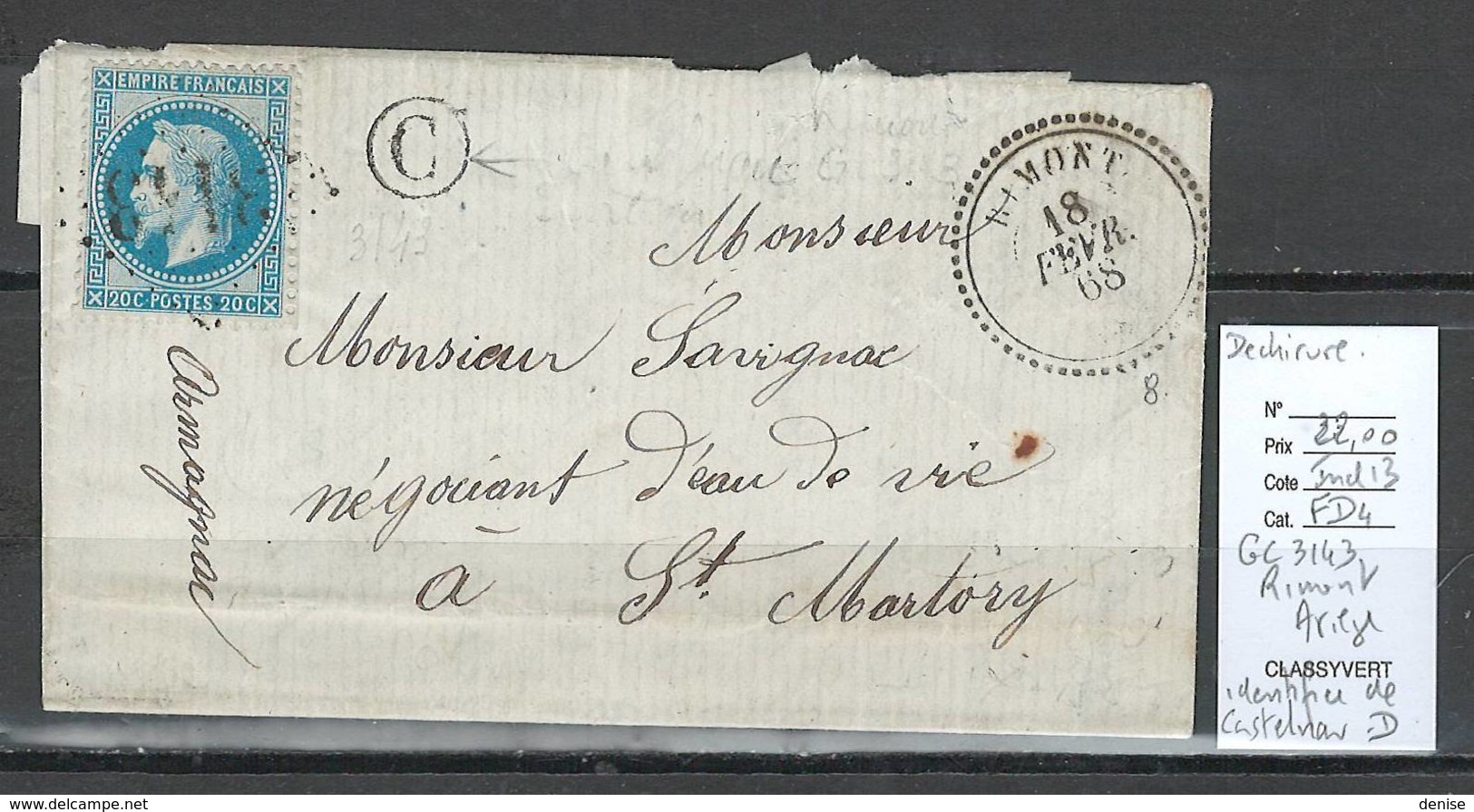 France - Lettre - GC 3142 - RIMONT En Ariége - Facteur C Identifié De Castelnau Durban - 1868 - 1849-1876: Periodo Classico