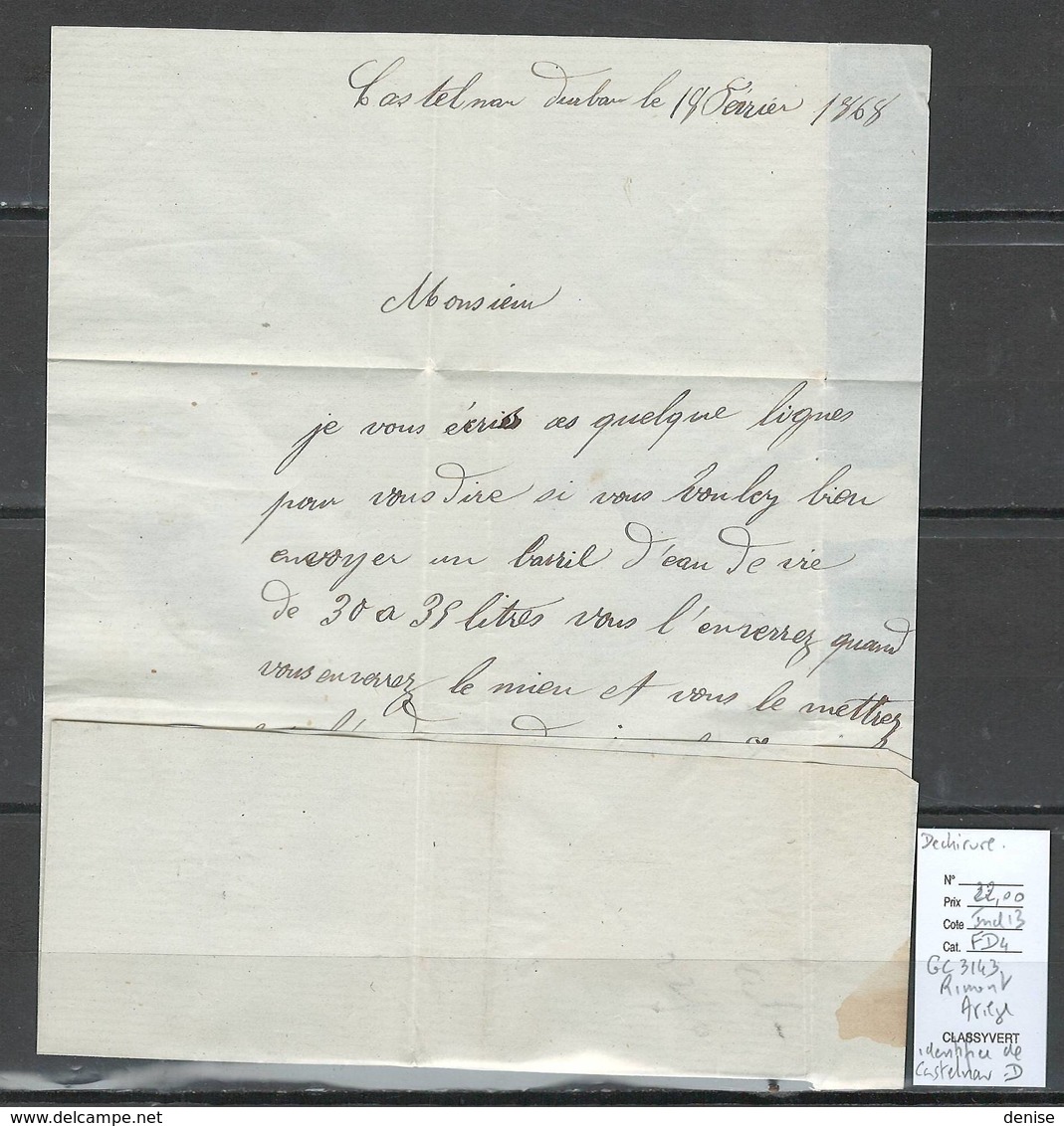 France - Lettre - GC 3142 - RIMONT En Ariége - Facteur C Identifié De Castelnau Durban - 1868 - 1849-1876: Periodo Classico