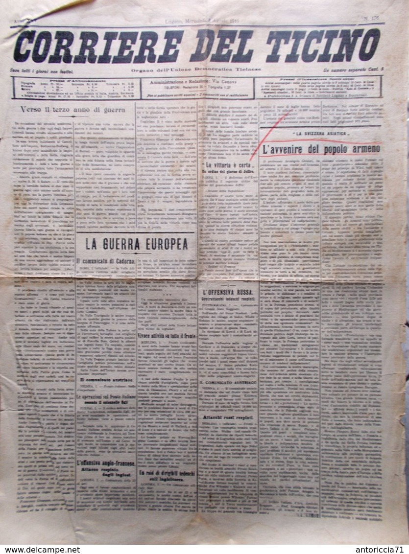 Corriere Del Ticino Del 2 Agosto 1916 WW1 Popolo Armeno Cadorna Lugano Municipio - Guerra 1914-18