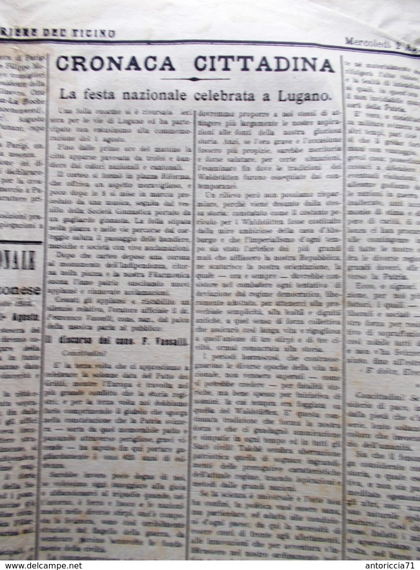 Corriere Del Ticino Del 2 Agosto 1916 WW1 Popolo Armeno Cadorna Lugano Municipio - Guerre 1914-18