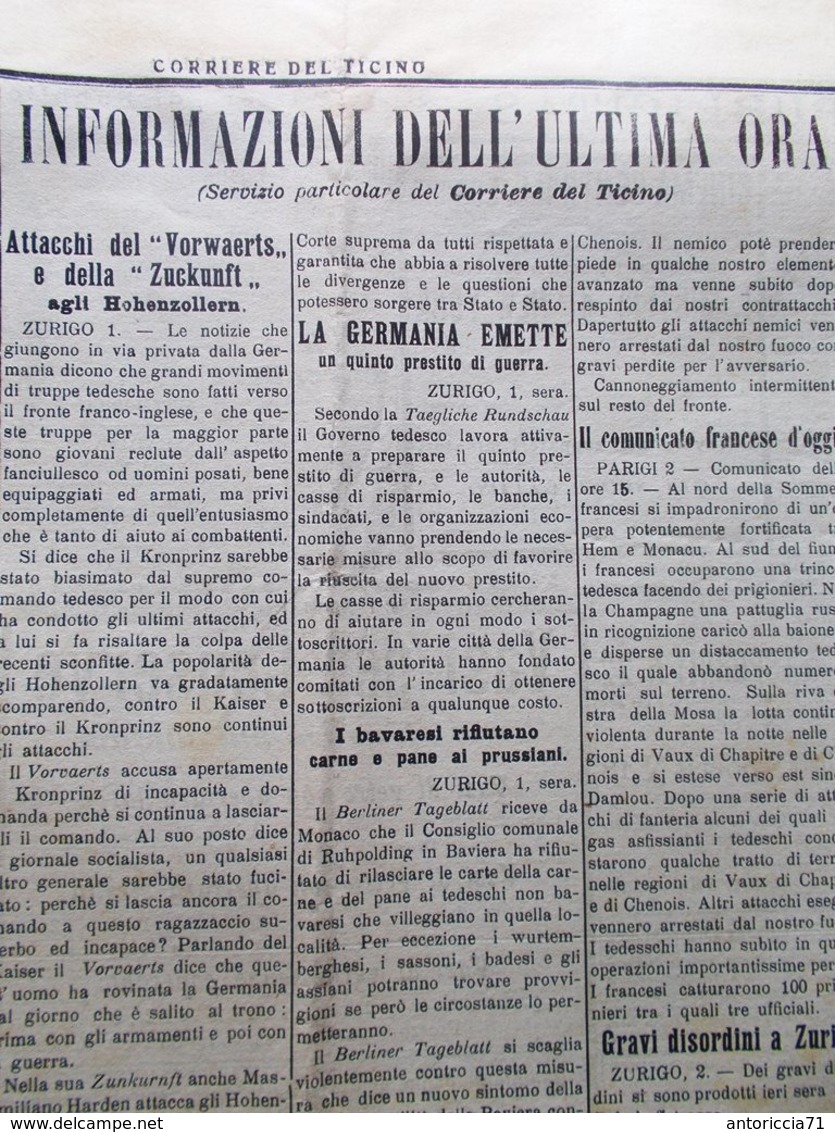 Corriere Del Ticino Del 2 Agosto 1916 WW1 Popolo Armeno Cadorna Lugano Municipio - Guerre 1914-18