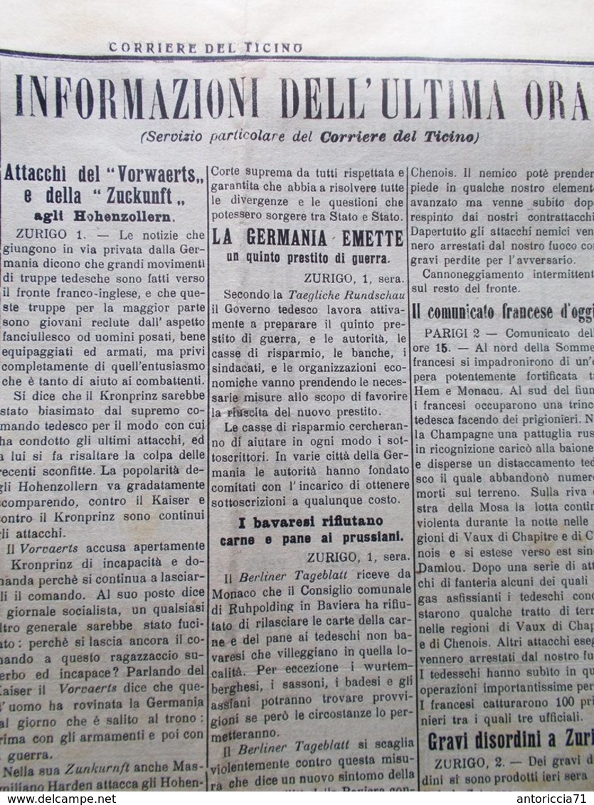 Corriere Del Ticino Del 2 Agosto 1916 WW1 Popolo Armeno Cadorna Lugano Municipio - Guerra 1914-18