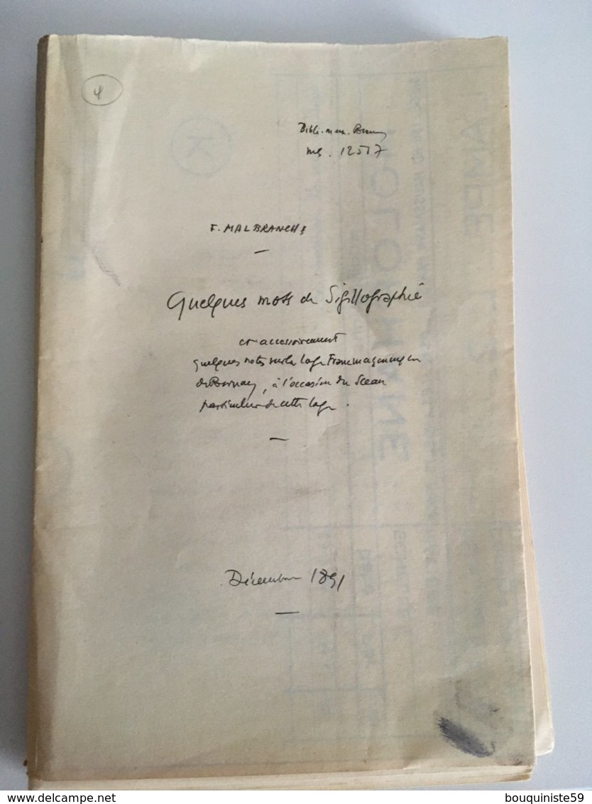 Manuscrit De F. Malbranch  " Quelques Mots Sur La Sigillographie " 1891 - Manuscripts