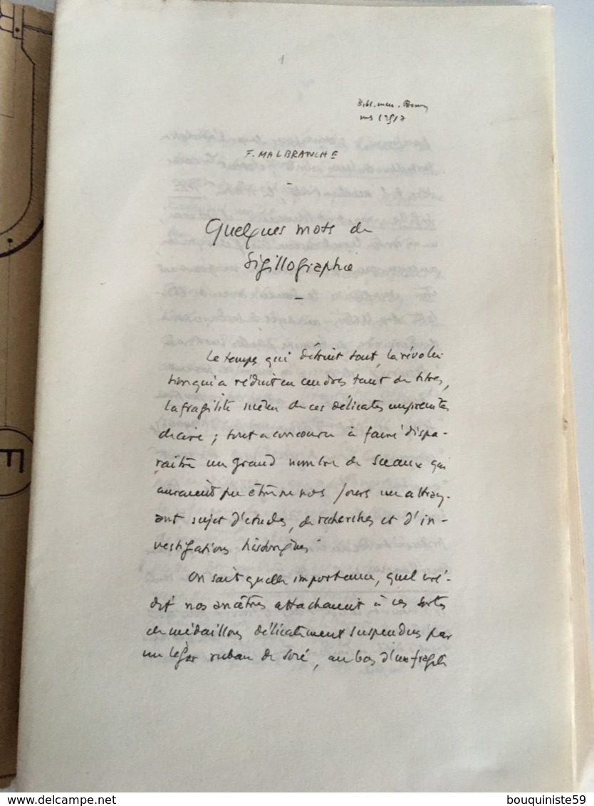 Manuscrit De F. Malbranch  " Quelques Mots Sur La Sigillographie " 1891 - Manuscripts