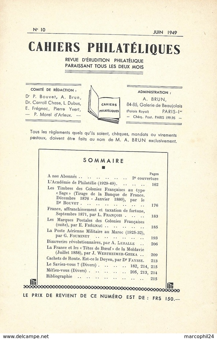 CAHIERS PHILATELIQUES - N° 10 Juin 1949 = MARQUES POSTALES GUADELOUPE + MAROC POSTE AERIENNE + MOLDAVIE - Francés