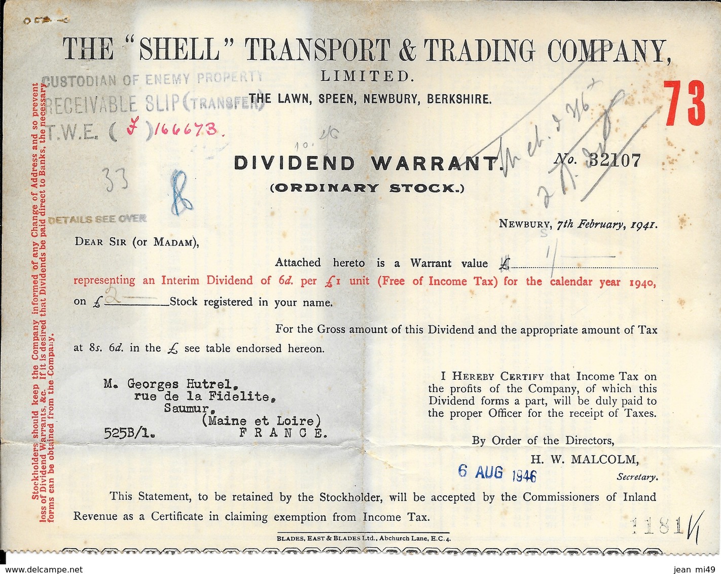 THE "SHELL " TRANSPORT & TRADING COMPAGNY - DIVIDEND WARRANT - (ordinary Stock) - 6 Aout 1946 - Reino Unido