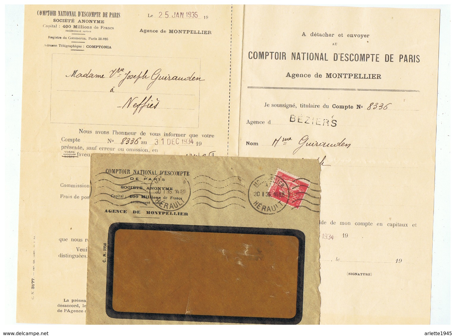 COMPTOIR NATIONAL D'ESCOMPTE PARIS  Pour MONTPELLIER (HERAULT ) 1935 TIMBRE PERFORE C N - Brieven En Documenten
