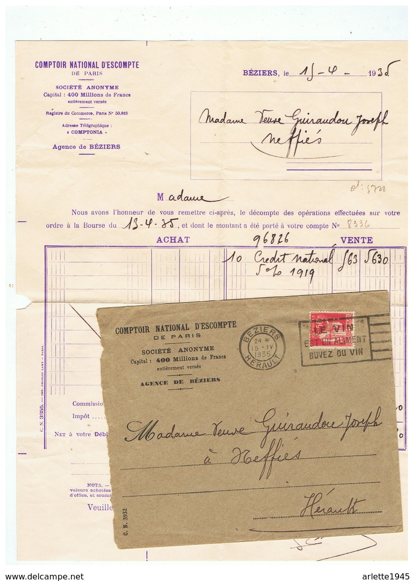COMPTOIR NATIONAL D'ESCOMPTE PARIS  Pour BEZIERS  (HERAULT ) 1935 TIMBRE PERFORE C N - Briefe U. Dokumente