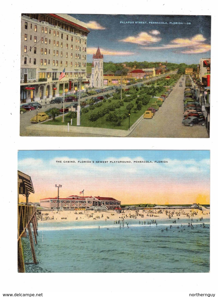 2 Different PENSACOLA, Florida, USA, Palafox Street And Stores & The Casino, Old Linen Postcards - Pensacola