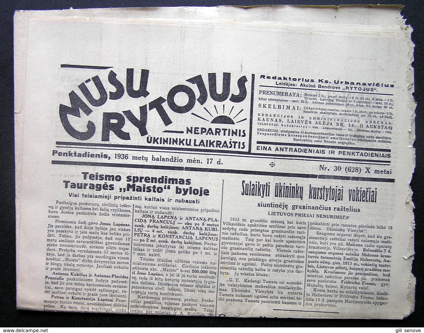 Lithuanian Newspaper/ Mūsų Rytojus No. 30 (628) 1936.04.17 - Informaciones Generales