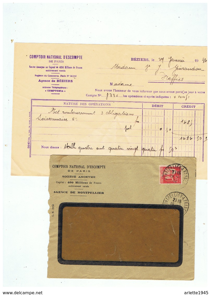 COMPTOIR NATIONAL D'ESCOMPTE PARIS  à BEZIERS   (HERAULT ) Pour NEFFIES (HERAULT)  1934 TIMBRE PERFORE C N - Covers & Documents