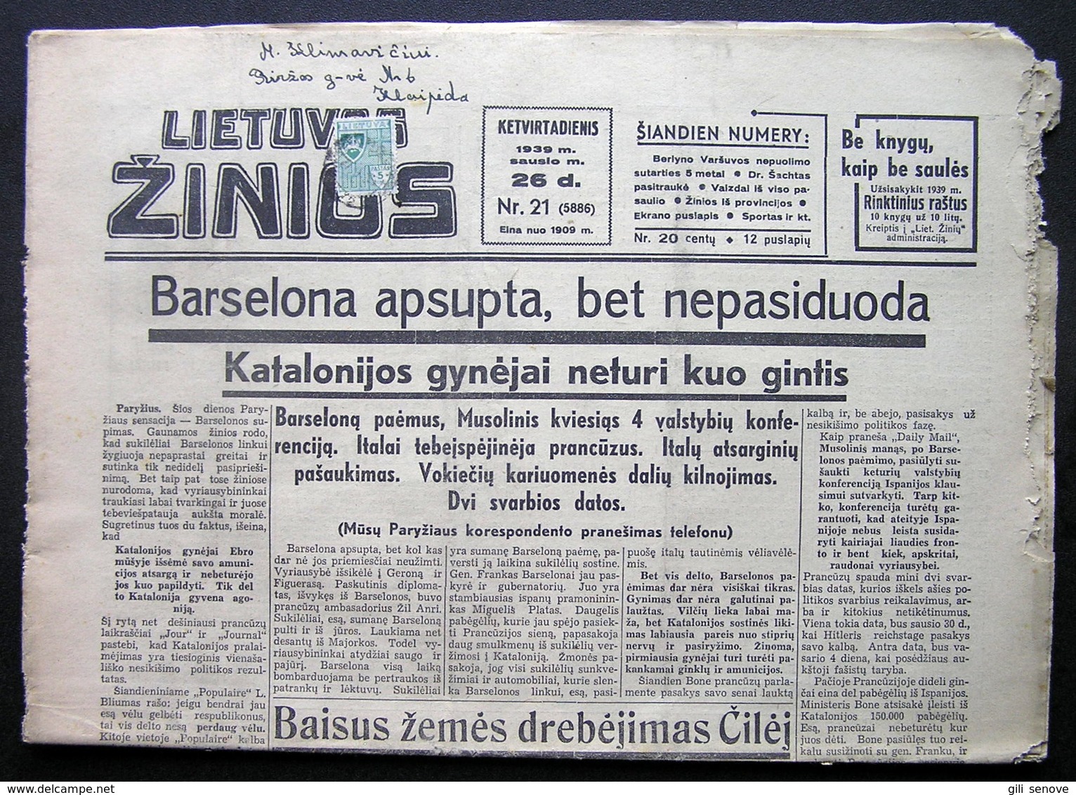 Lithuanian Newspaper/ Lietuvos žinios No. 21 (5886) 1939.01.26 - Informations Générales
