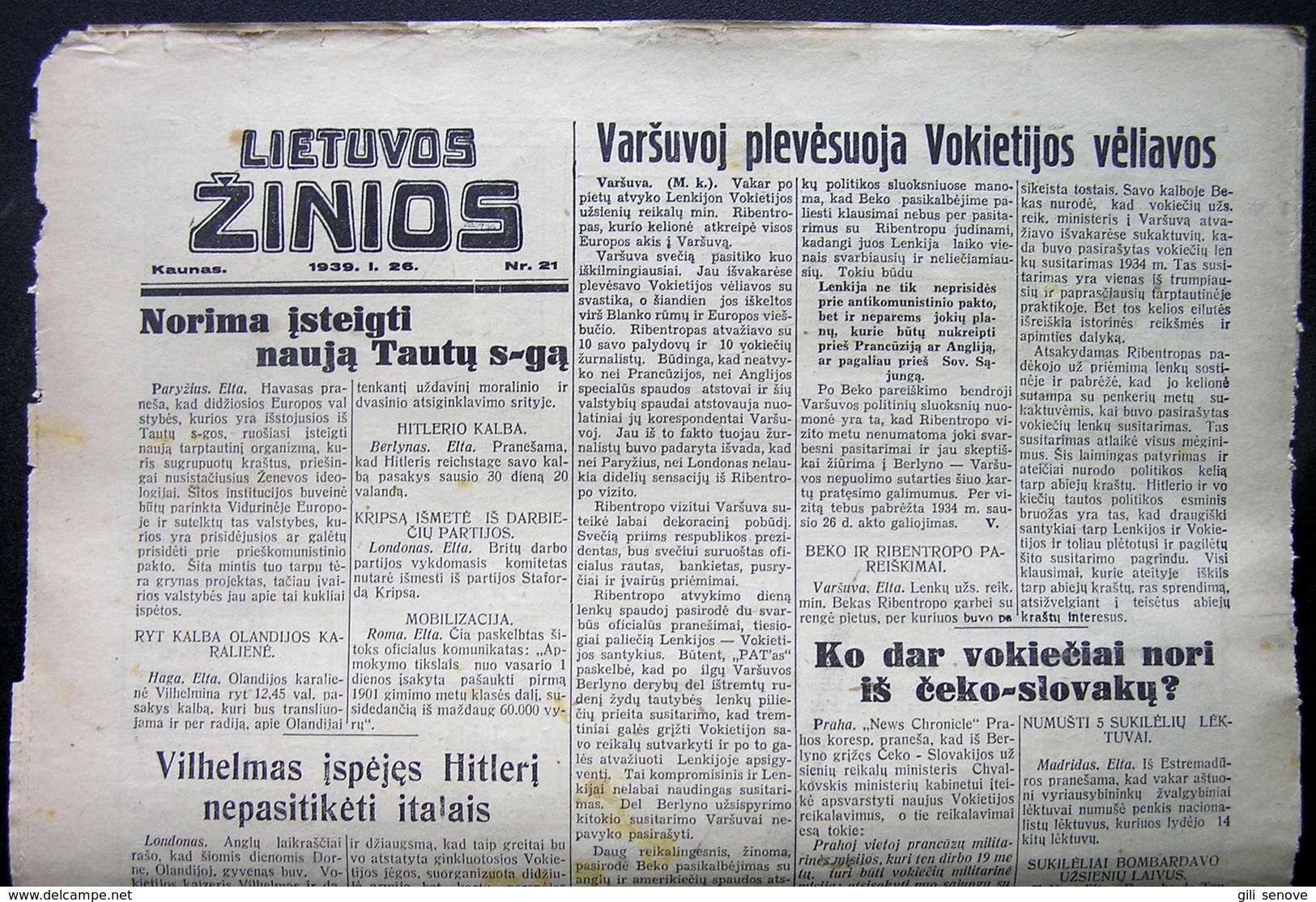 Lithuanian Newspaper/ Lietuvos žinios No. 21 (5886) 1939.01.26 - Allgemeine Literatur