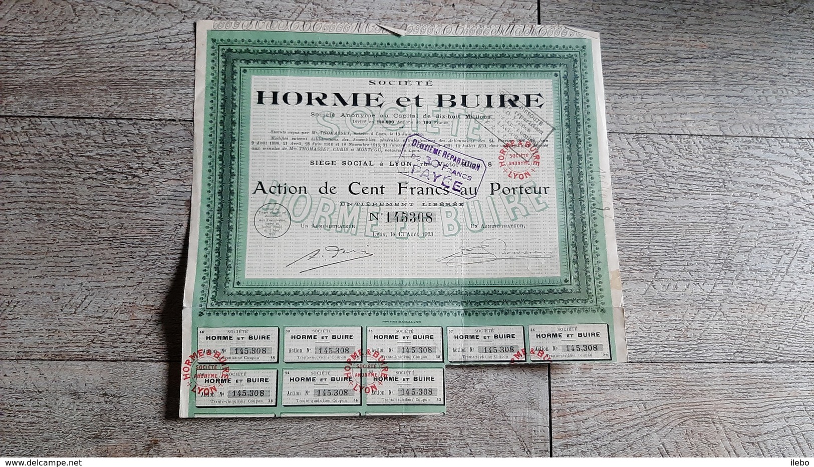 Action  Ancienne Société Horme Et Buire Siège Social Lyon 1923 - Navegación