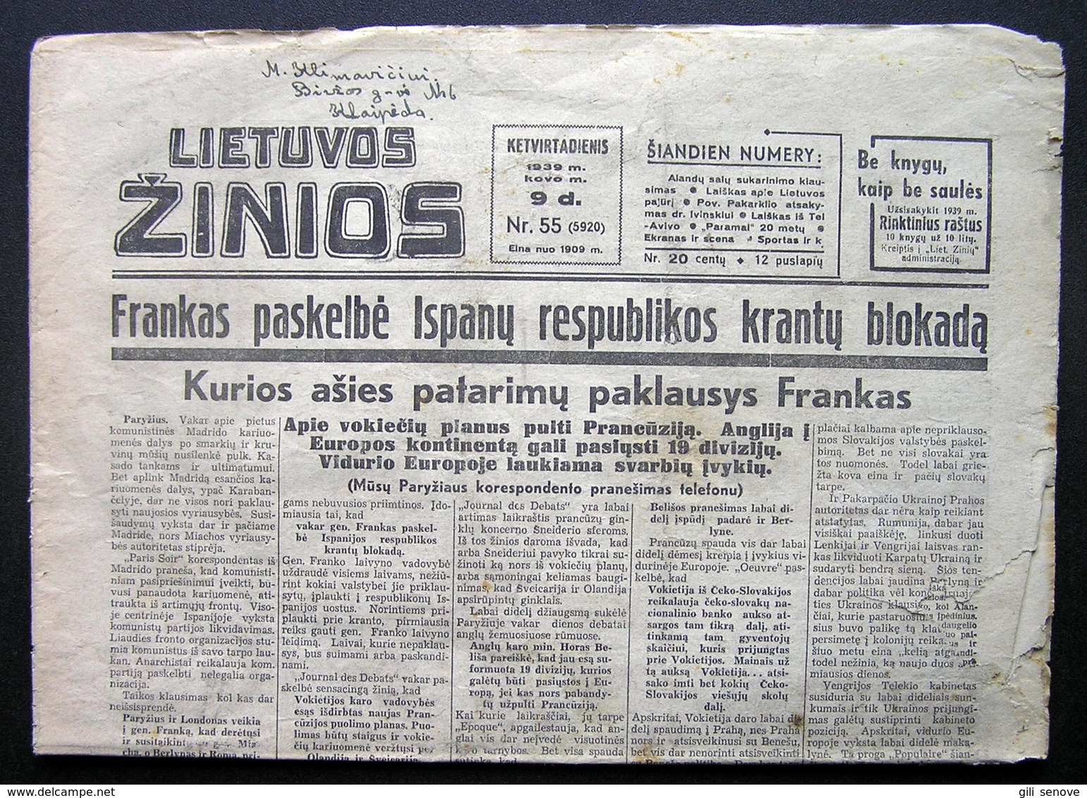 Lithuanian Newspaper/ Lietuvos žinios No. 55 (5920) 1939.03.09 - Allgemeine Literatur