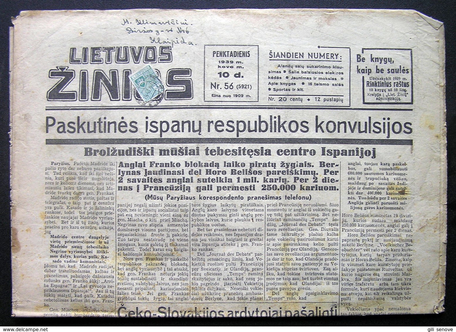 Lithuanian Newspaper/ Lietuvos žinios No. 56 (5921) 1939.03.10 - Informations Générales