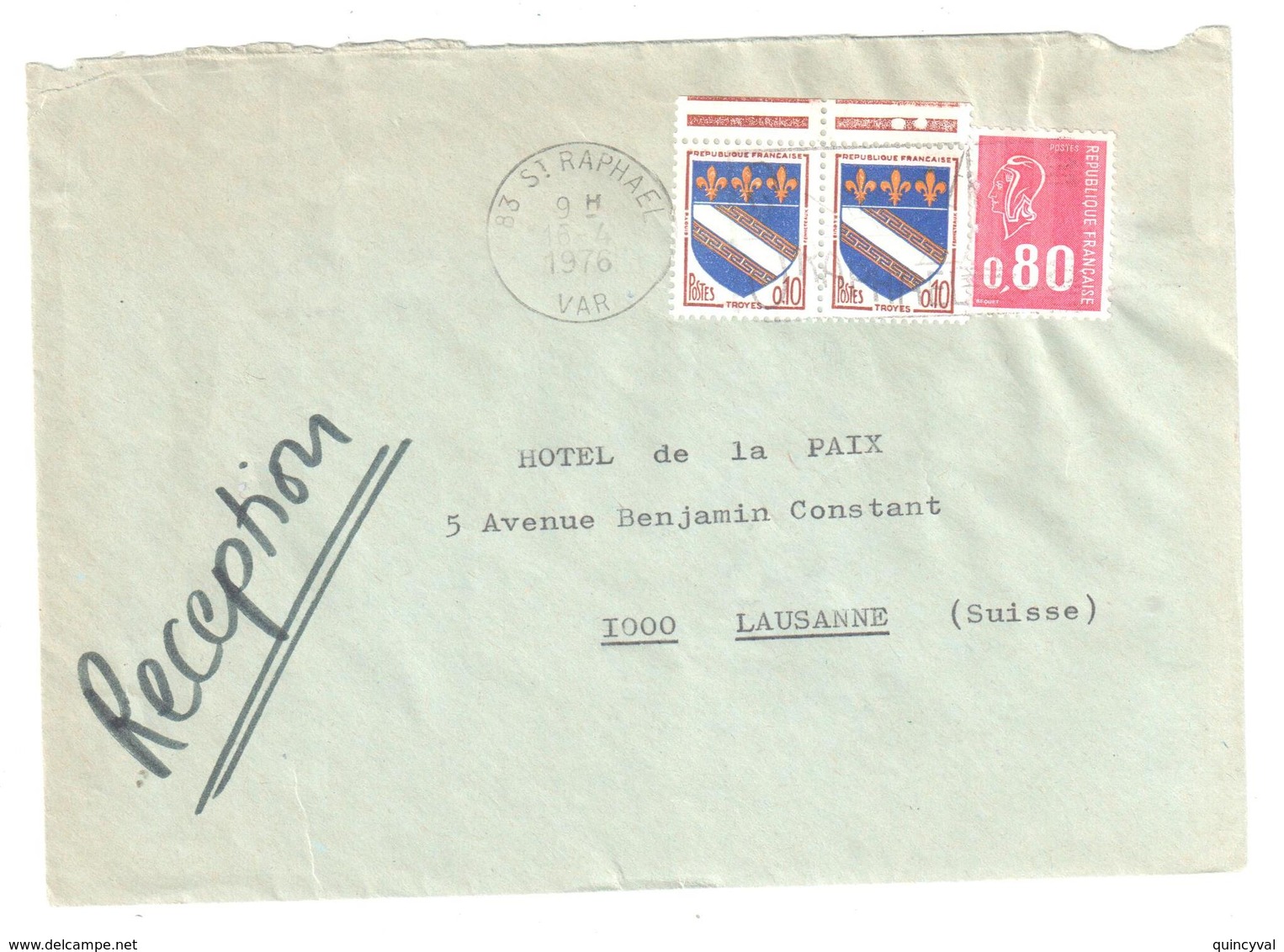 St RAPHAEL Var Lettre Destination Suisse Tarif Particulier Du 1 1 1976 80C Bequet 10c Troyes Yv 1353 1816 Dest Lausanne - Cartas & Documentos