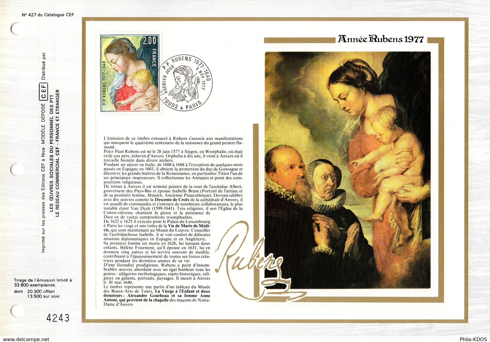 " LA VIERGE A L'ENFANT De RUBENS "  Sur Feuillet CEF De 1977 N° YT 1958 - Rubens