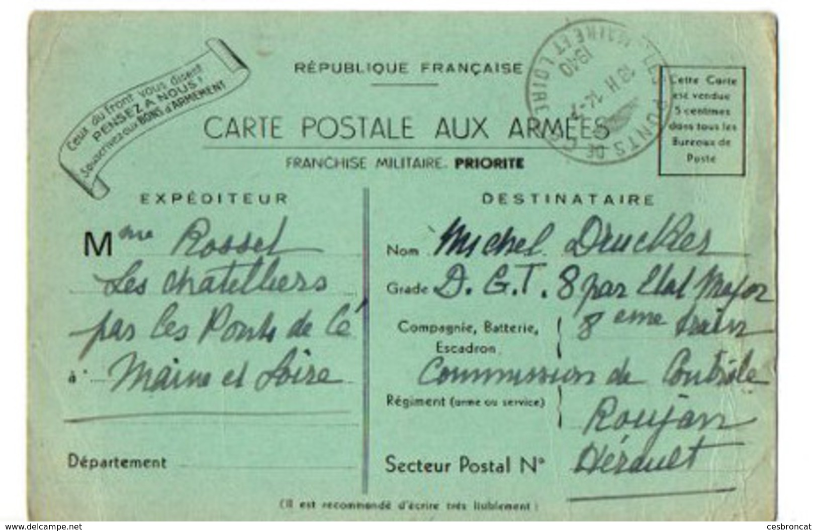 B3  14 07 1940 Carte F.M D'un Soldat  De La Commission De Controle  à Roujan Dans L'Hérault - Guerre De 1939-45