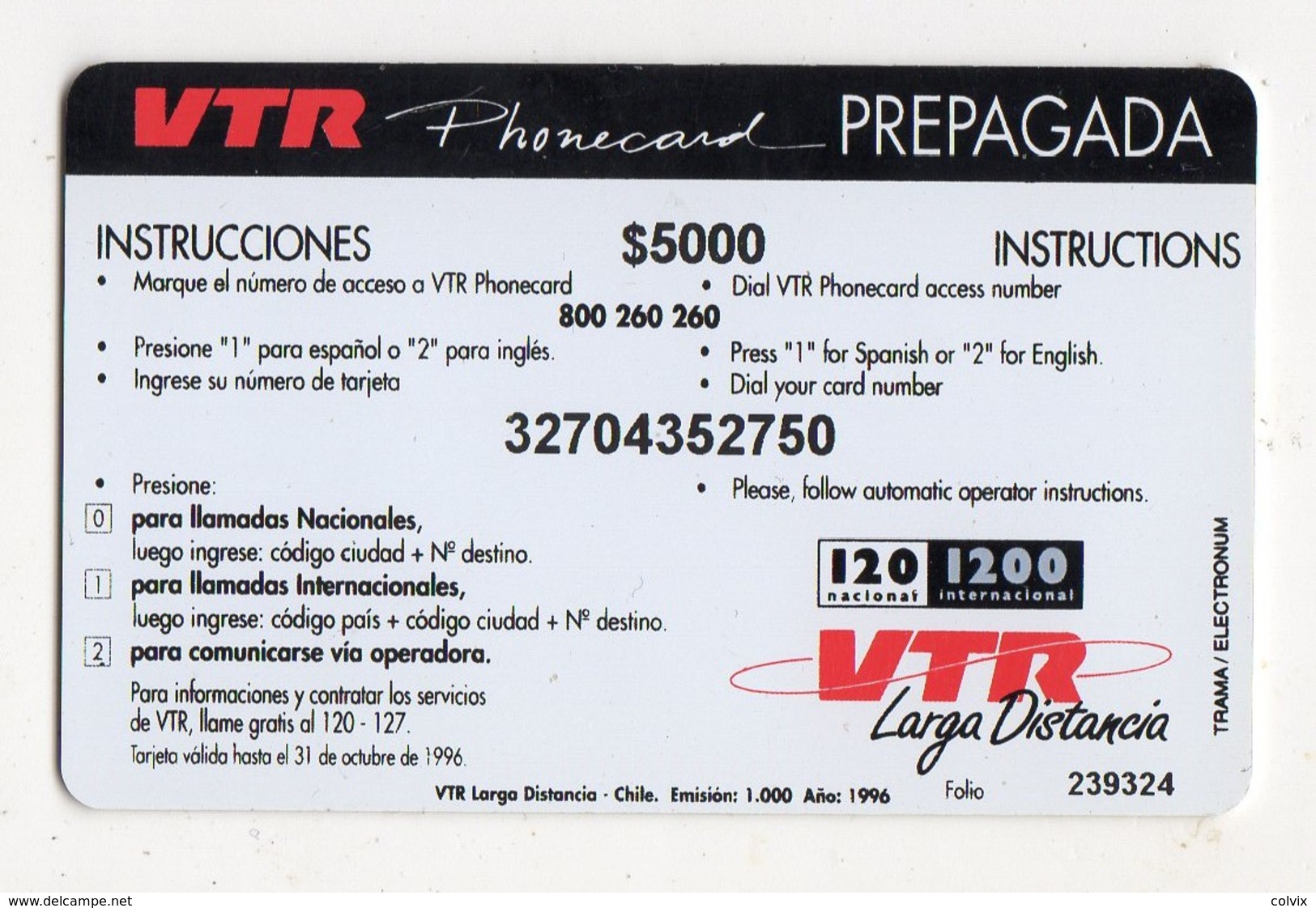 CHILI  Recharge VTR 5000$ XEROX DATE 1996 1000EX - Chile