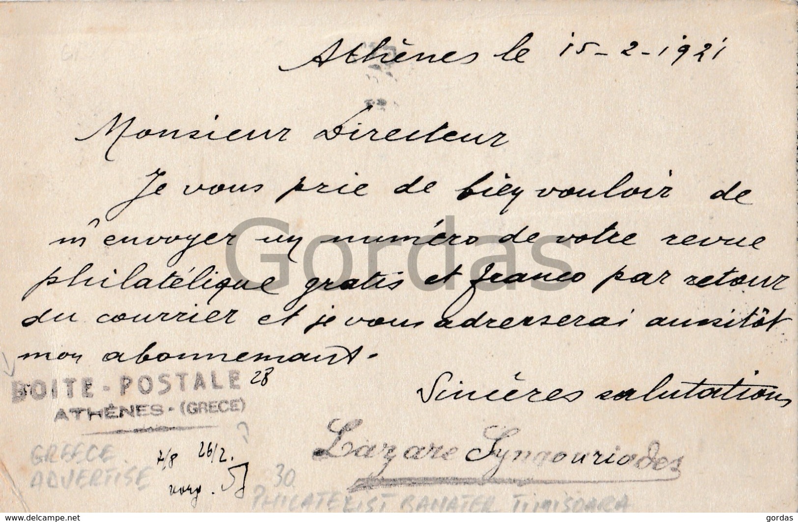 Greece - 1921 - Stationery - Advertise - Boite Postale - Philatelist Banater - Timisoara - Revista Filatelica - Cartas & Documentos