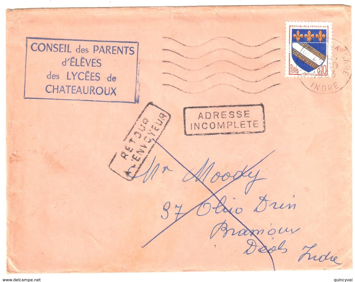 CHATEAUROUX GARE  Imprimé 50g 10c Troyes Yv 1353 Ob 1963 Retour Envoyeur Adresse Icompléte Dest DEOLS - Covers & Documents