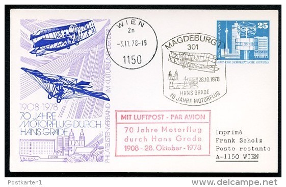 DDR PP17 C1/002b Privat-Postkarte 70 J. MOTORFLUG HANS GRADE Magdeburg 1978  NGK 6,00 € - Cartes Postales Privées - Oblitérées